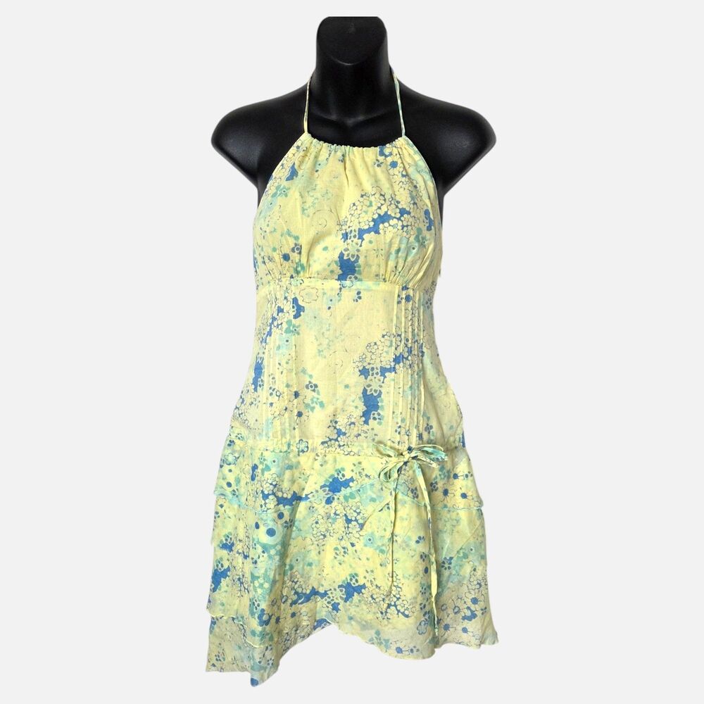 DKNY Jeans Cotton Halter Dress Yellow Blue Floral Asymmetric Tiered Sz S Archive